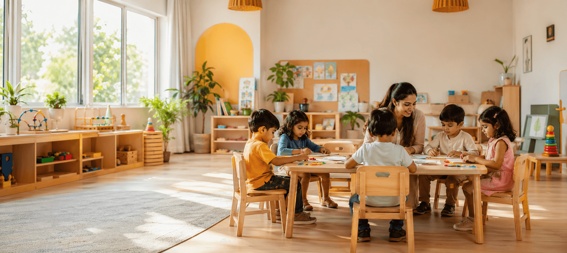 Happy preschool children and teacher in a bright classroom in Diva