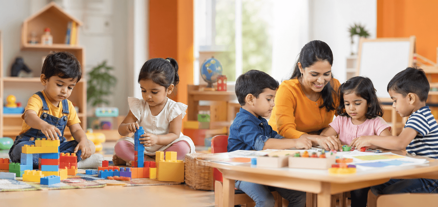 Young children enjoying guided play and classroom activities in a preschool setting