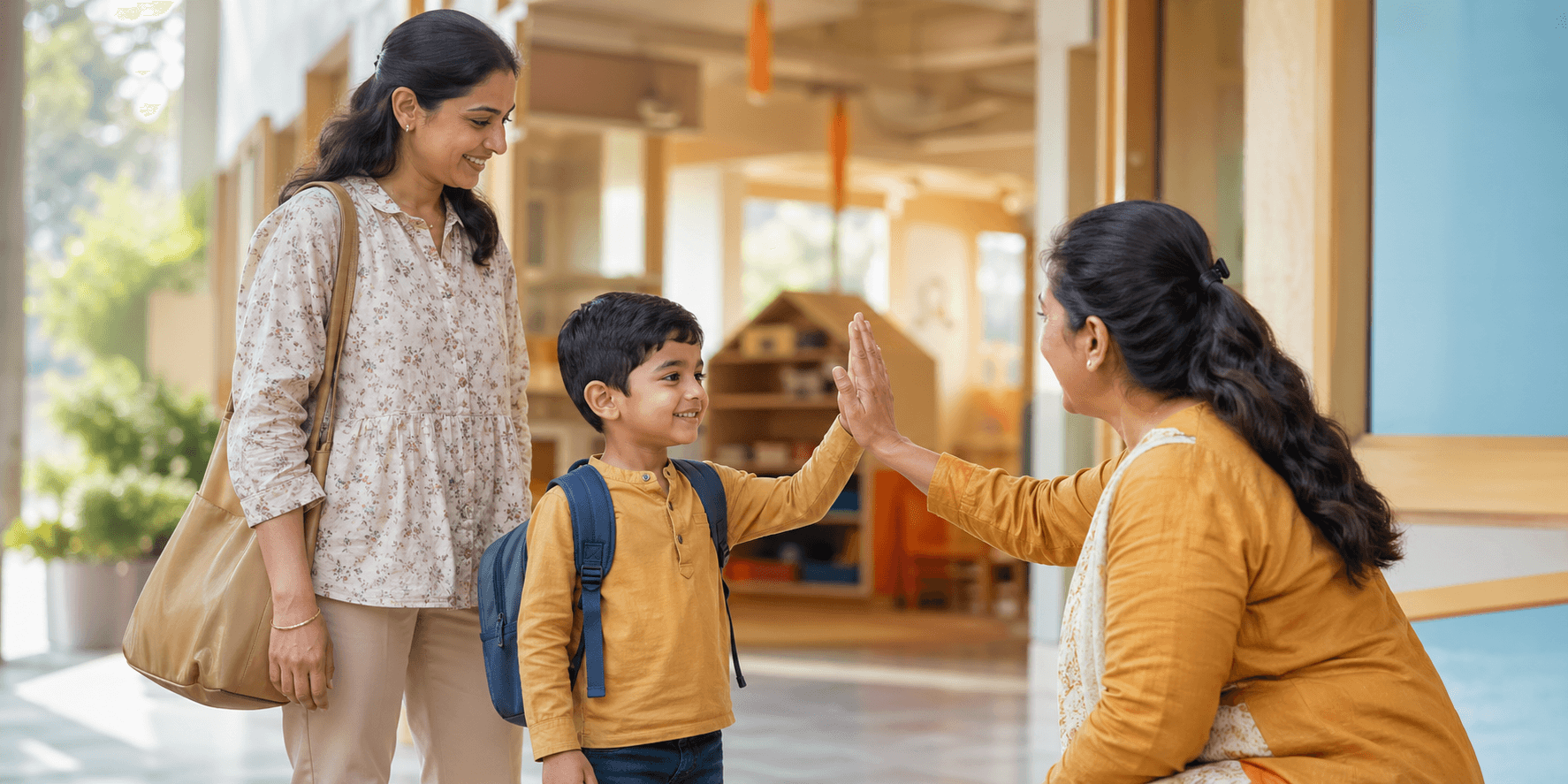 A young child beginning preschool confidently with a parent nearby