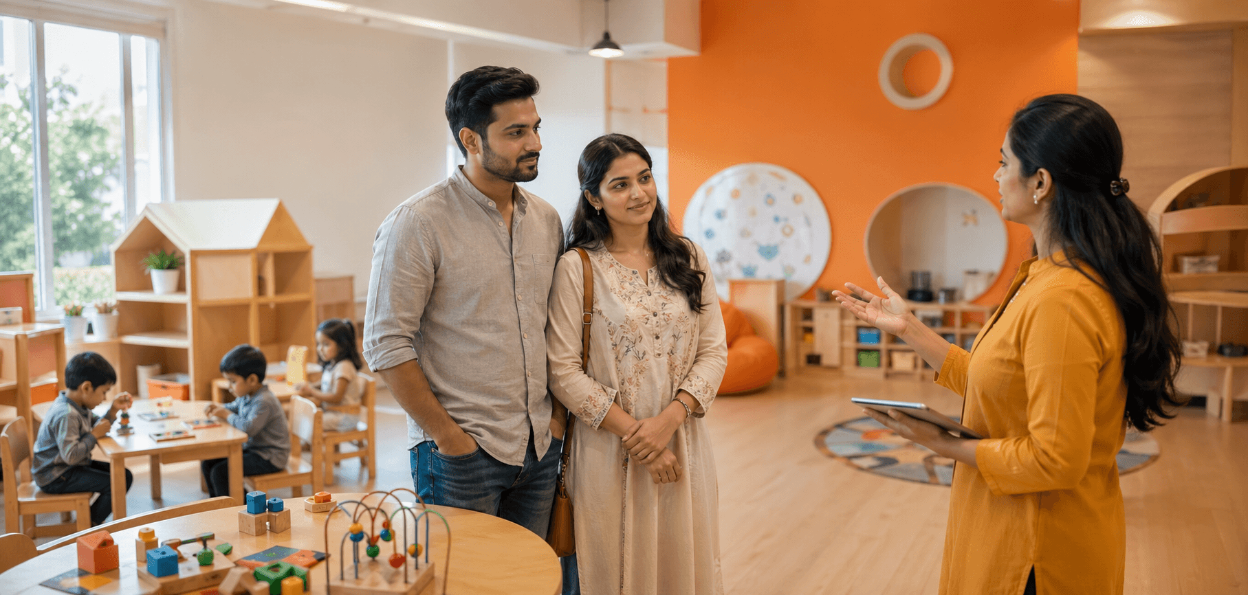 Parents visiting a preschool classroom and asking questions before admission