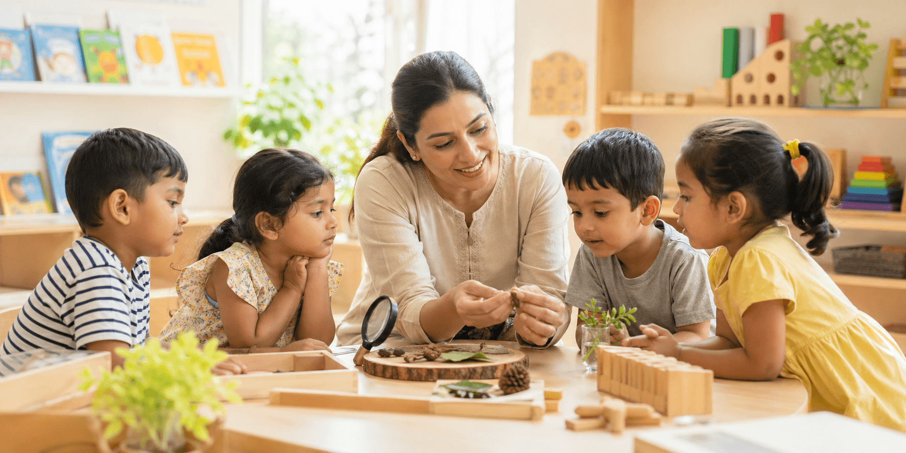 Preschool teacher guiding curious young children through an engaging learning activity